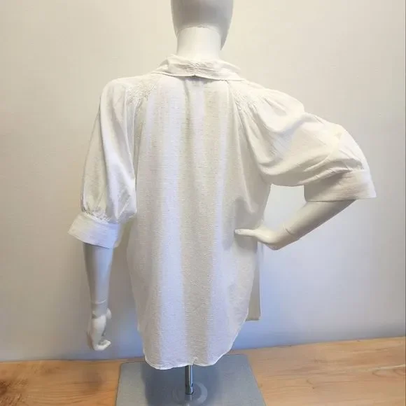 Ann Taylor Ivory Short Sleeve Neck Tie Blouse, Medium - Picture 13 of 15